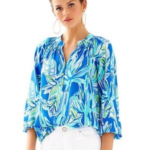 Lilly Pulitzer Silk Blue Tropical Elsa Floral Blouse Top